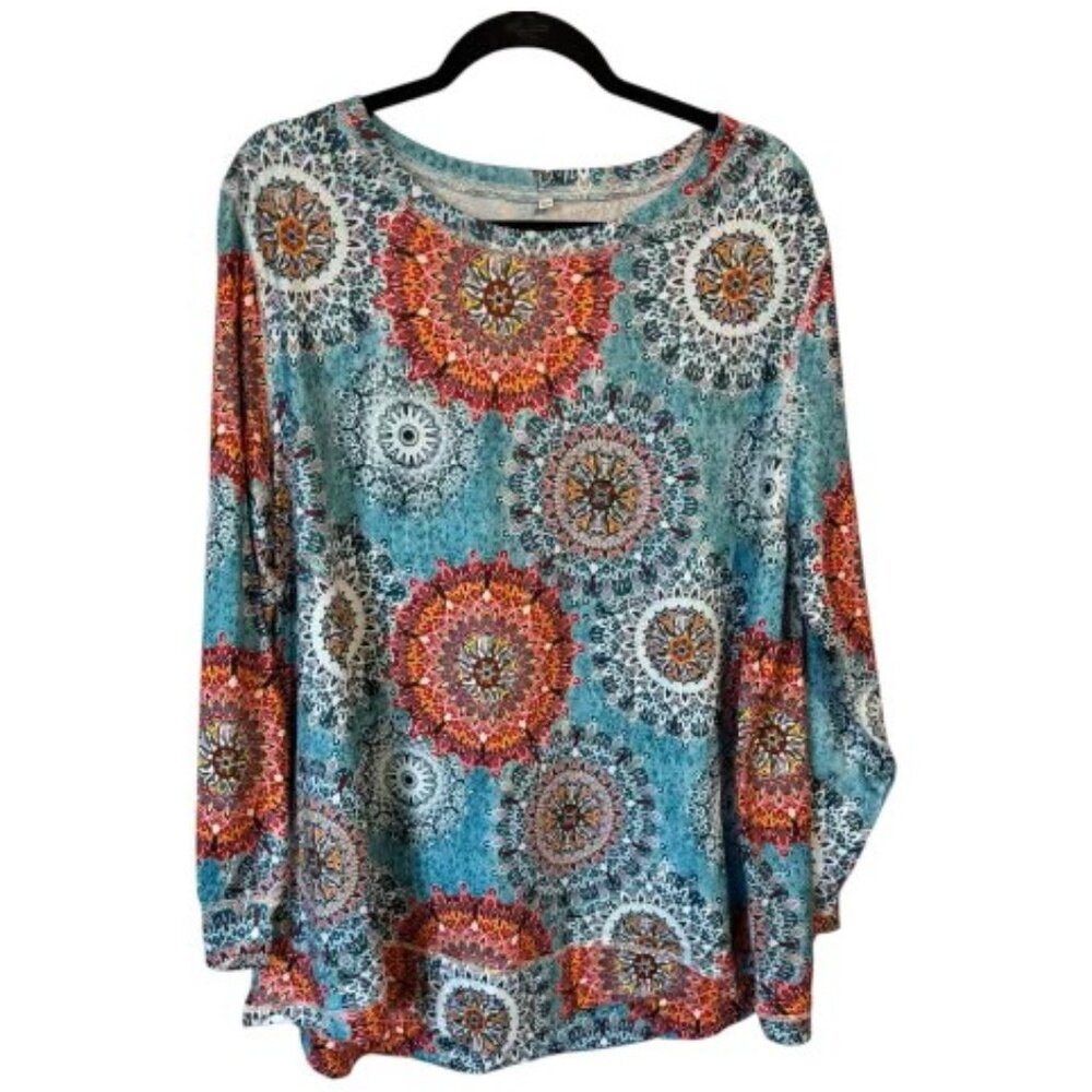 Women's Teal Medallion Print Long-Sleeve Top